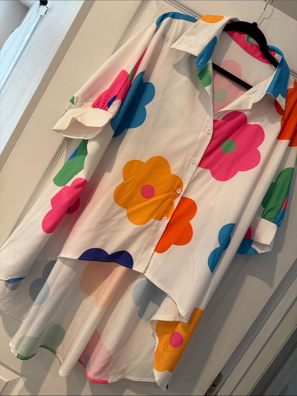 SHEIN White Tunic Shirt with Bold Multicolor Flower Print